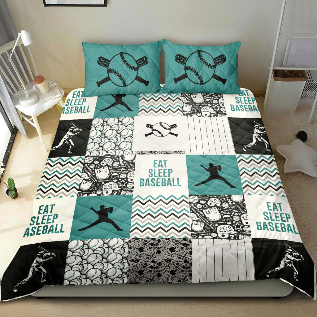 Baseball Quilt Set, America Baseball Boy Eat Sleep Baseball Patchwork Green Quilt Blanket With Pillowcases, Quilt Bedding Set, Sports Gifts