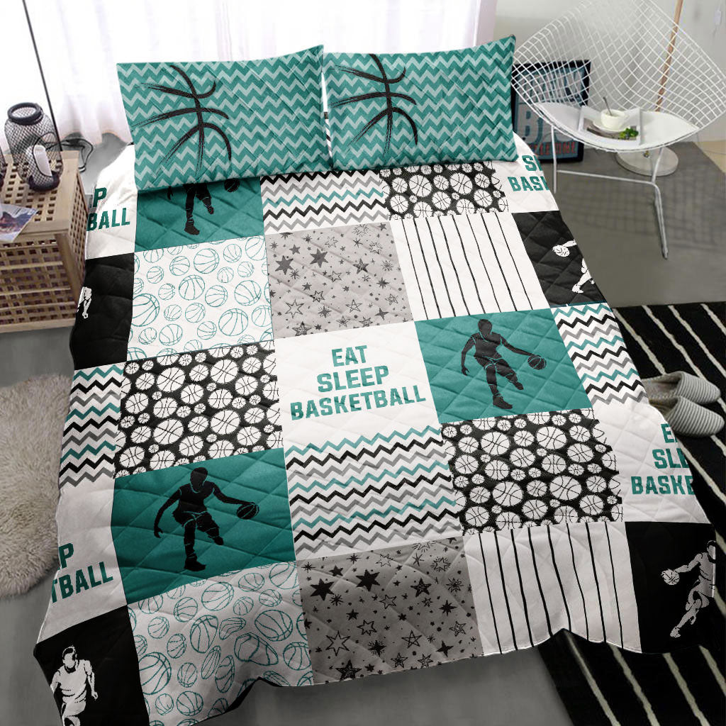 Basketball Quilt Set, Basketball Boy Eat Sleep Basketball Patchwork Green Quilt Blanket With Pillowcases, Quilt Bedding Set