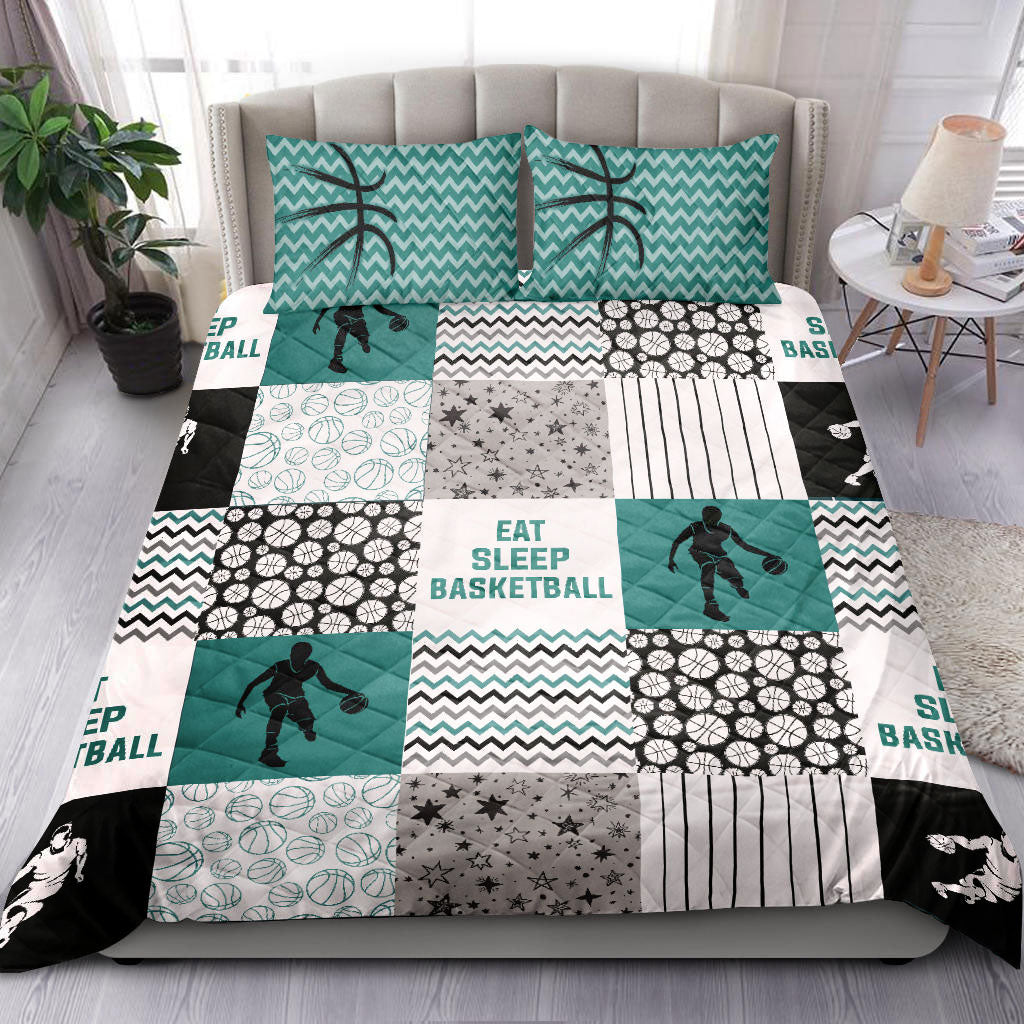 Basketball Quilt Set, Basketball Boy Eat Sleep Basketball Patchwork Green Quilt Blanket With Pillowcases, Quilt Bedding Set