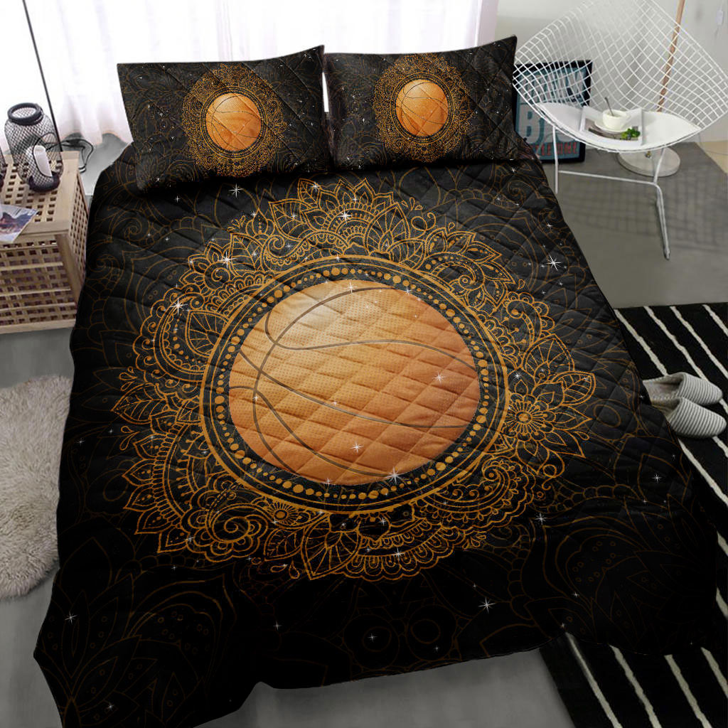 Basketball Quilt Set, Basketball Ball Mandala Orange Black Quilt Blanket With Pillowcases, Quilt Bedding Set