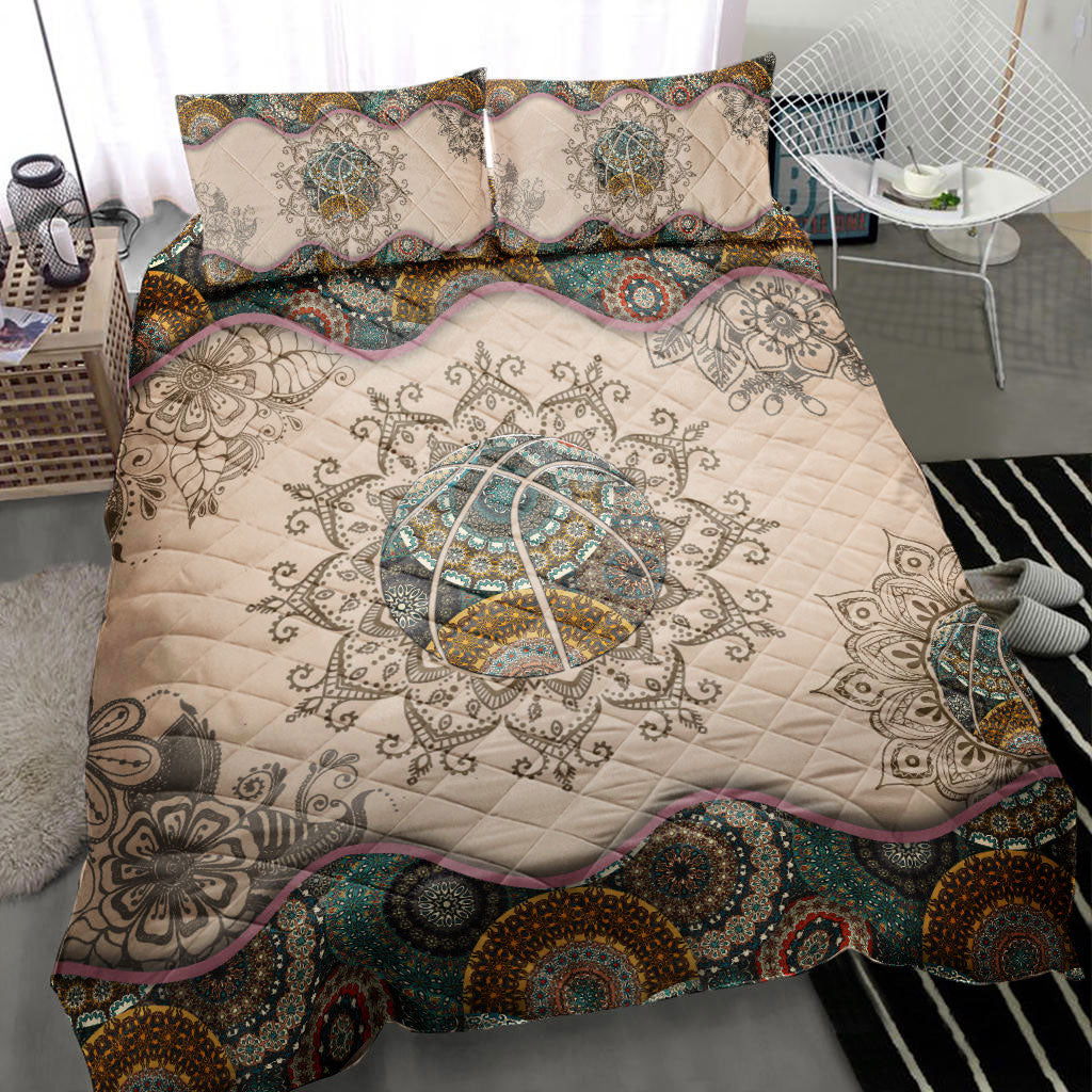 Basketball Quilt Set, Basketball Ball Mandala Quilt Blanket With Pillowcases, Quilt Bedding Set