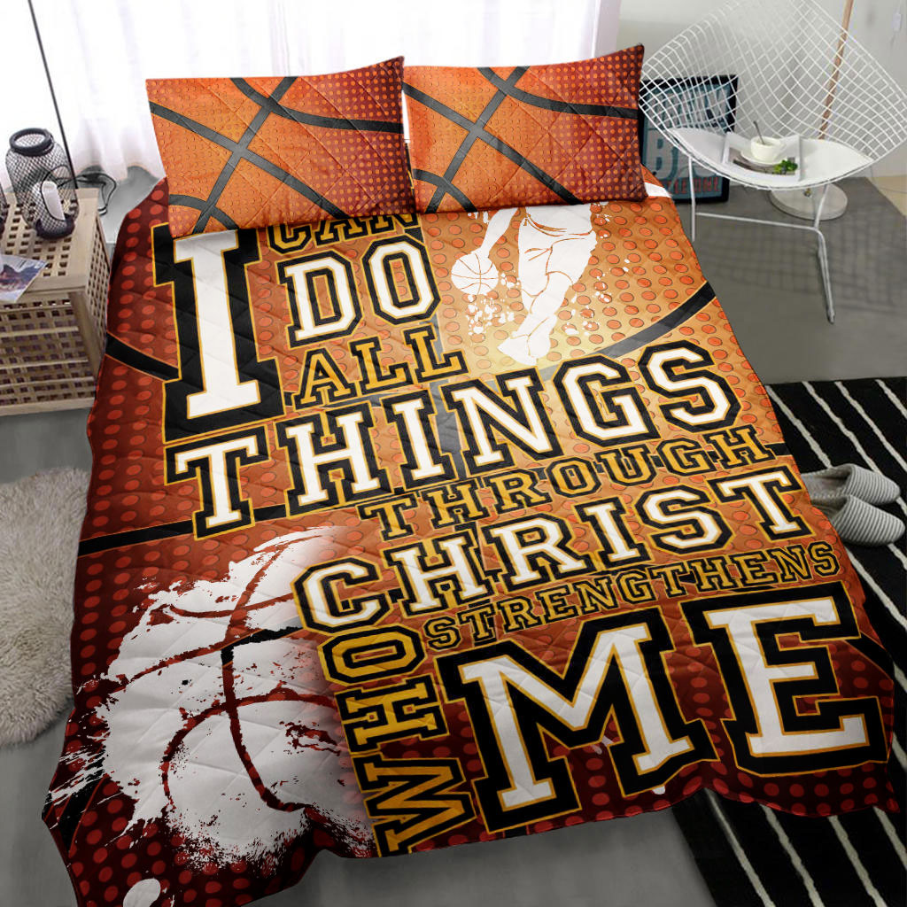 Basketball Quilt Set, Christian Basketball I Can Do All Things Orange Quilt Blanket With Pillowcases, Quilt Bedding Set