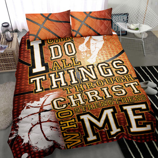 Basketball Quilt Set, Christian Basketball I Can Do All Things Orange Quilt Blanket With Pillowcases, Quilt Bedding Set