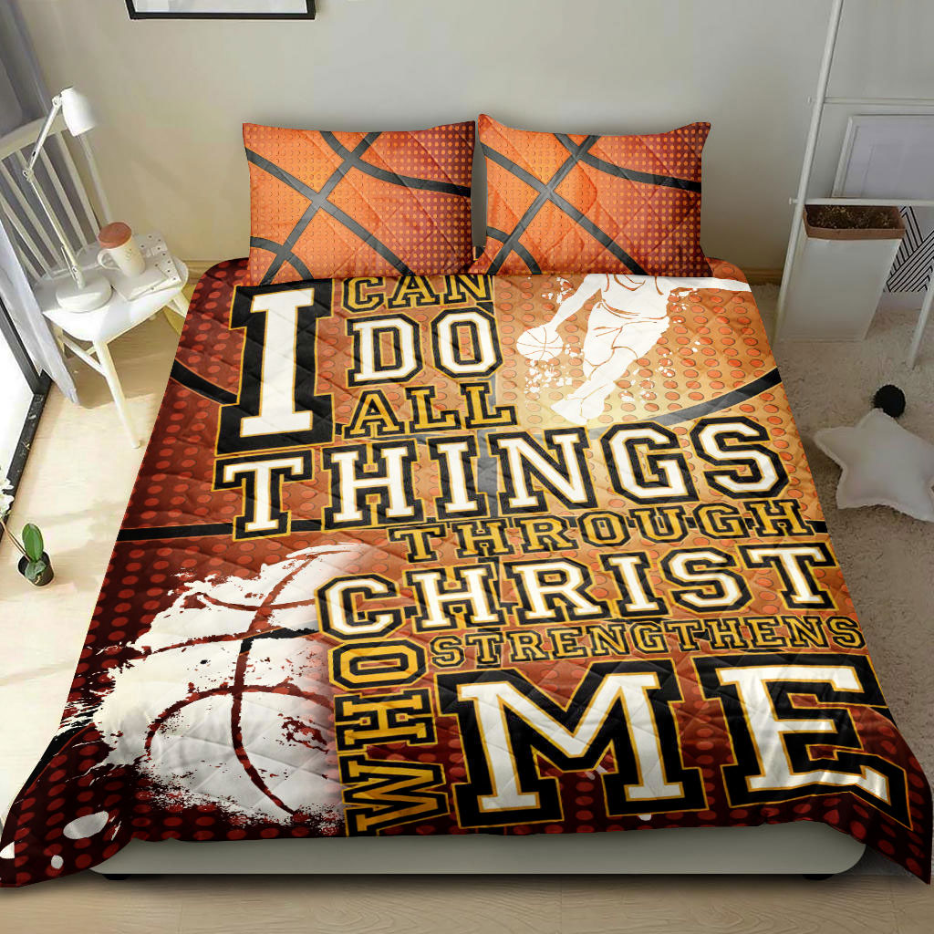 Basketball Quilt Set, Christian Basketball I Can Do All Things Orange Quilt Blanket With Pillowcases, Quilt Bedding Set