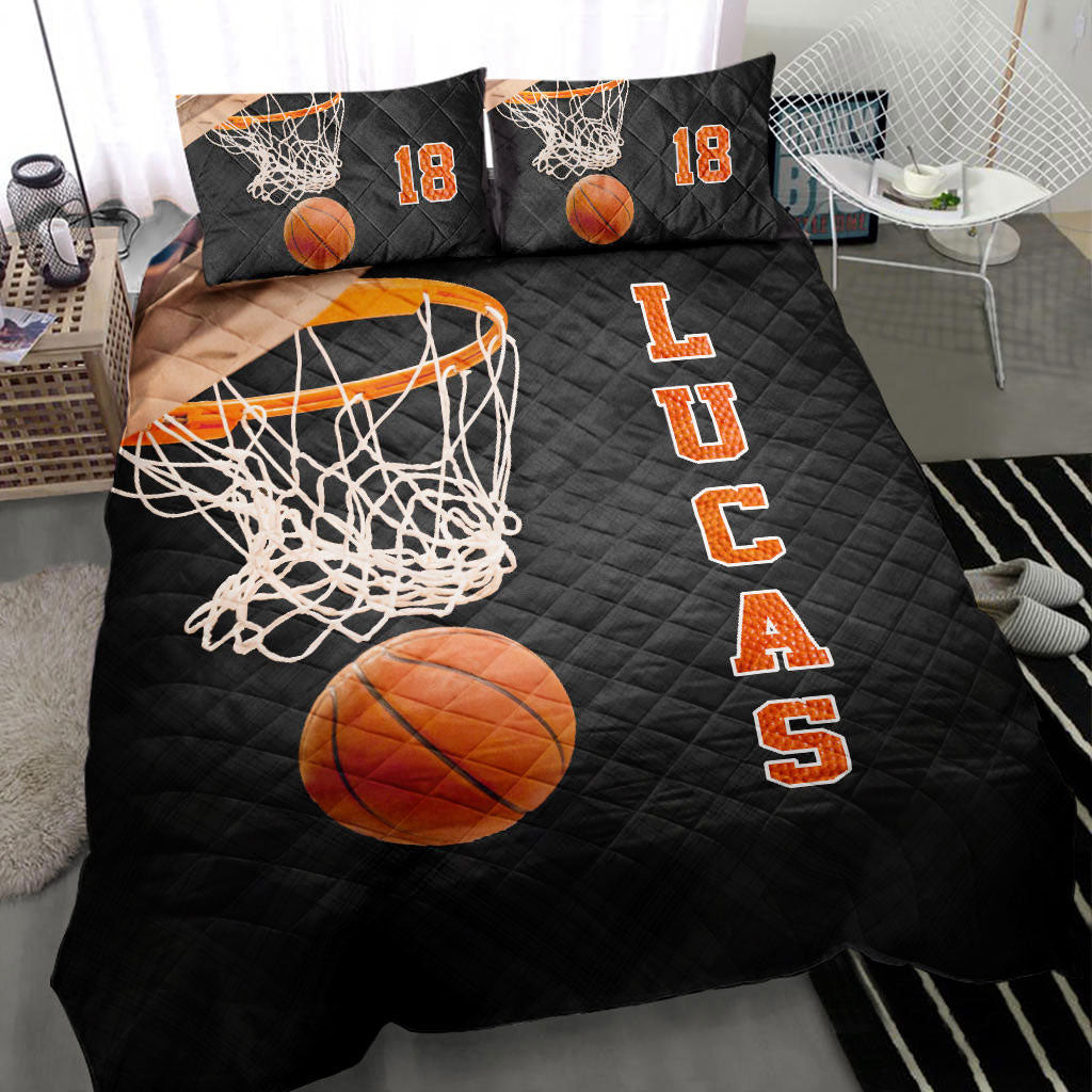 Personalized Basketball Quilt Set, Basketball Ball 3D Print Black Quilt Blanket With Pillowcases, Custom Name and Number Quilt Bedding Set