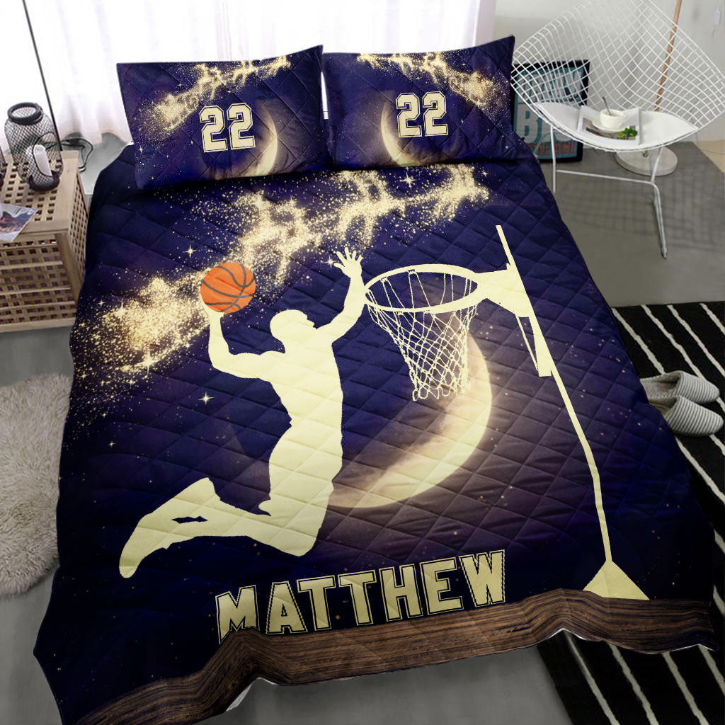 Personalized Basketball Quilt Set, Basketball Moonmas Xmas Quilt Blanket With Pillowcases, Custom Name and Number Quilt Bedding Set, Christmas Gift