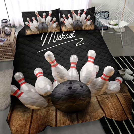 Bowling Quilt Set, Bowling Pin Ball Bowler Quilt Blanket With Pillowcases, Quilt Bedding Set