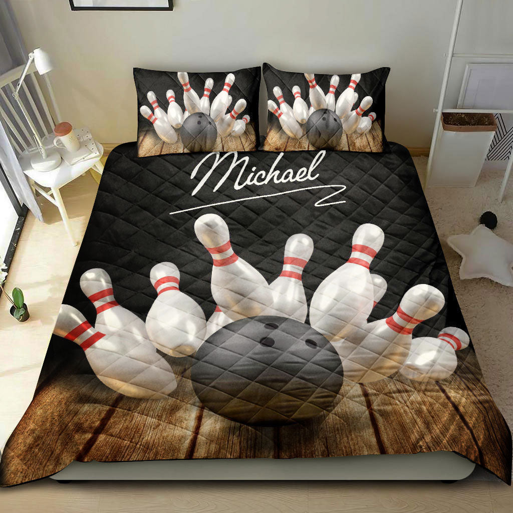 Bowling Quilt Set, Bowling Pin Ball Bowler Quilt Blanket With Pillowcases, Quilt Bedding Set