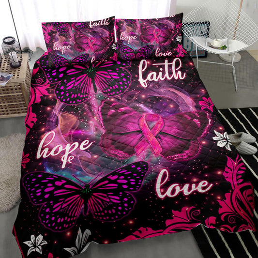 Breast Cancer Quilt Set, Breast Cancer Awareness Faith Hope Love Butterfly Pink Flower Bc Quilt Blanket With Pillowcases, Quilt Bedding Set