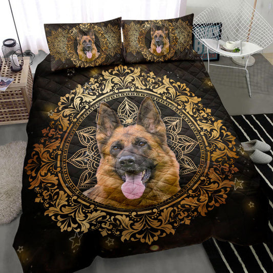 German Shepherd Quilt Set, German Shepherd Dog Mandala Black Golden Quilt Blanket With Pillowcases, Quilt Bedding Set