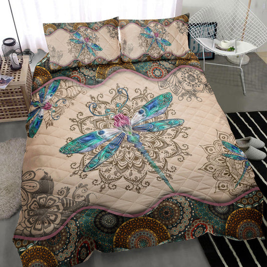 Dragonfly Quilt Set, Dragonfly Mandala Quilt Blanket With Pillowcases, Quilt Bedding Set