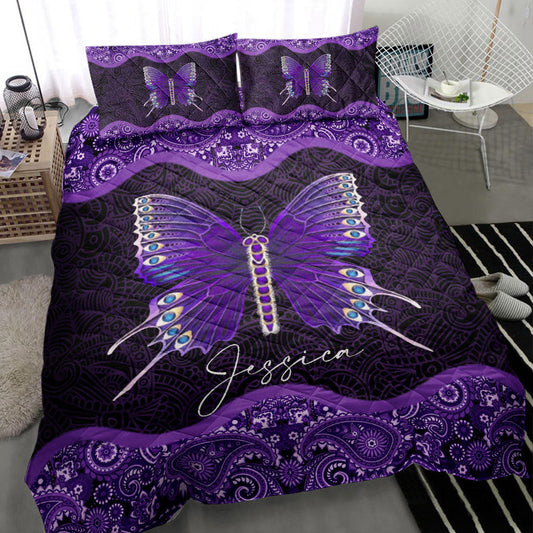 Butterfly Quilt Set, Moth Butterfly Purple Black Mandala All Season Quilt Blanket With Pillowcases, Quilt Bedding Set