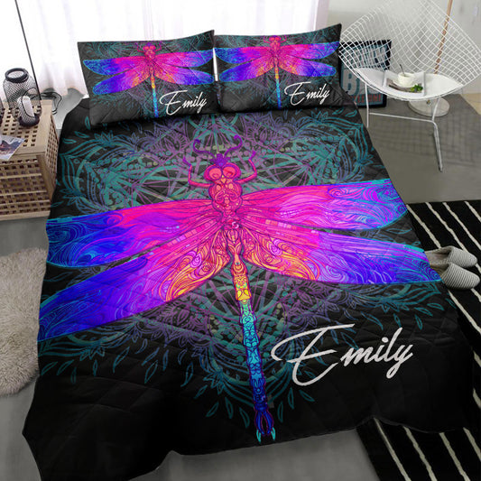 Personalized Dragonfly Quilt Set, Colorful Dragonfly Wicca Mystery Gothic Black Quilt Blanket With Pillowcases, Quilt Bedding Set