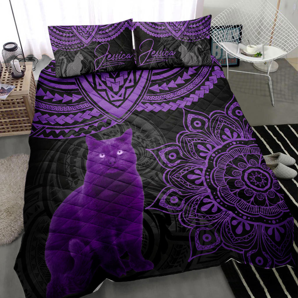 Cat Quilt Set, Purple Cat Mandala Gif Quilt Blanket With Pillowcases, Quilt Bedding Set