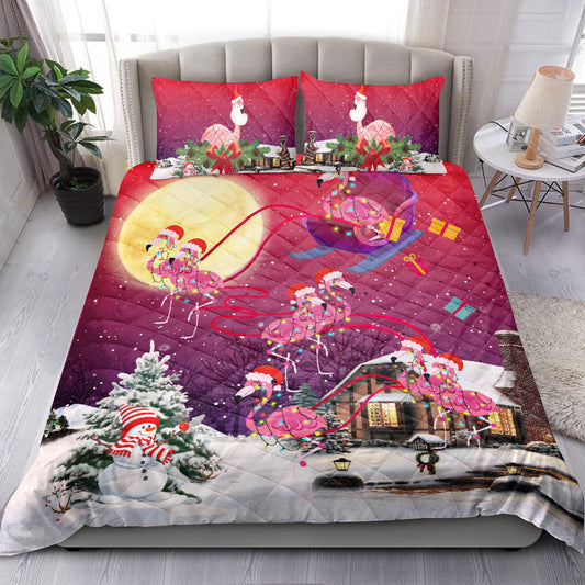 Flamingo Quilt Set, Flamingo Merrymas Xmas Night Winter Snow Quilt Blanket With Pillowcases, Quilt Bedding Set, Christmas Gift