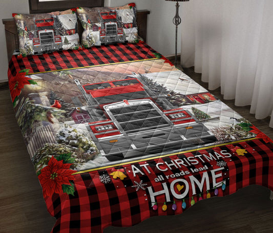 Personalized Trucker Quilt Set, Red Truck Truckermas Roads Lead Home Quilt Blanket With Pillowcases, Custom Name Quilt Bedding Set, Christmas Gift