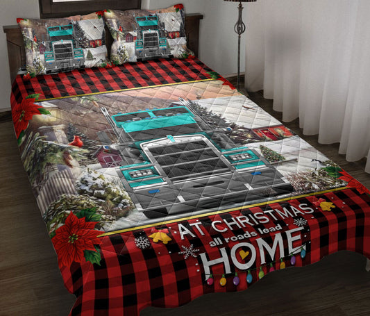 Personalized Trucker Quilt Set, Turquoise Truck Truckermas Road Lead Quilt Blanket With Pillowcases, Custom Name Quilt Bedding Set, Christmas Gift