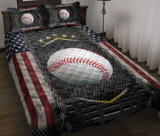 Baseball Quilt Set, Baseball Us Flag Baseball Quilt Blanket With Pillowcases, Quilt Bedding Set, Sports Gifts
