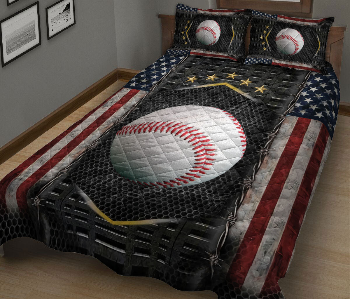 Baseball Quilt Set, Baseball Us Flag Baseball Quilt Blanket With Pillowcases, Quilt Bedding Set, Sports Gifts