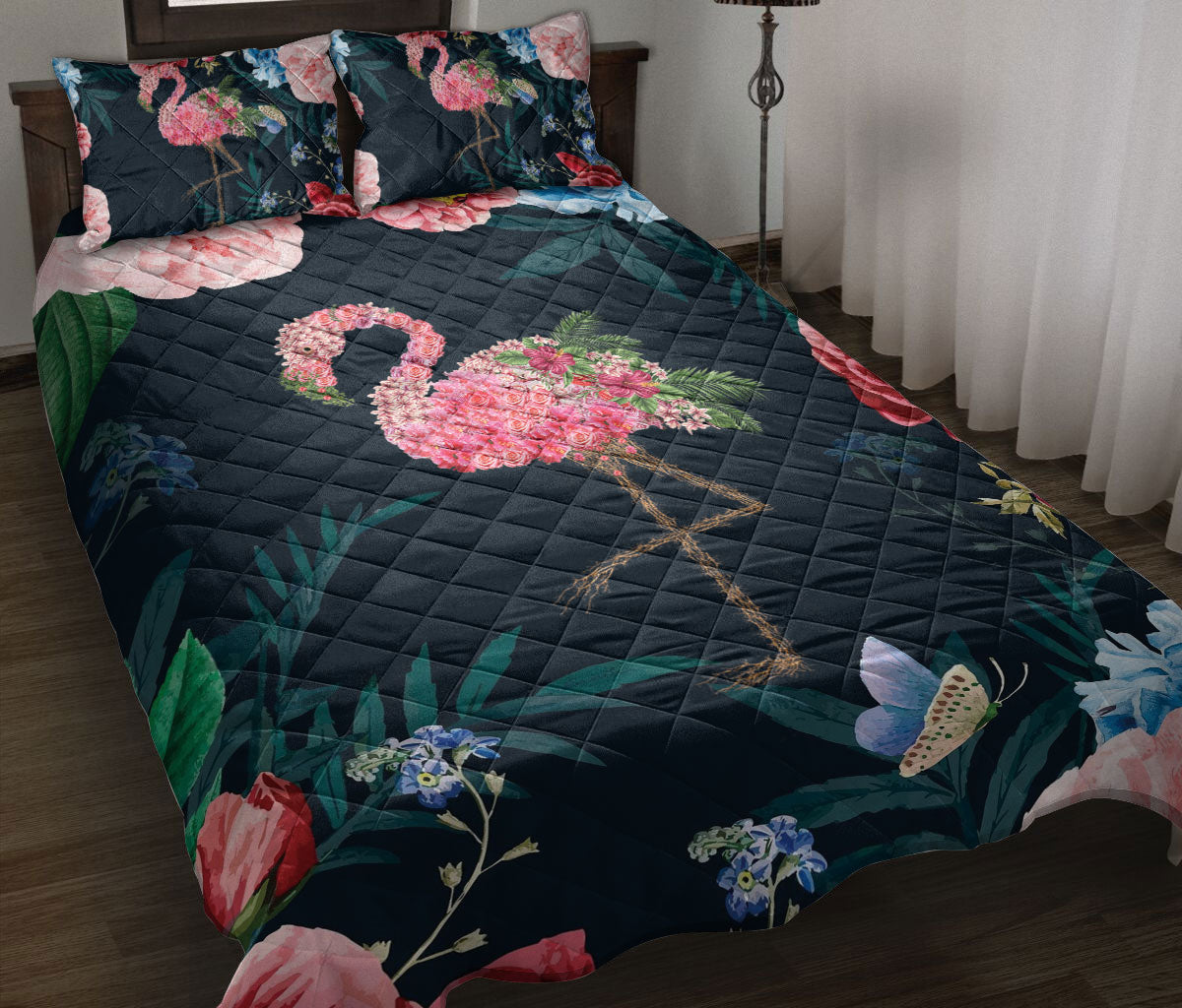 Flamingo Quilt Set, Flamingo Find My Soul Flower Garden Floral Quilt Blanket With Pillowcases, Quilt Bedding Set