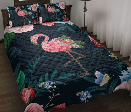 Flamingo Quilt Set, Flamingo Find My Soul Flower Garden Floral Quilt Blanket With Pillowcases, Quilt Bedding Set