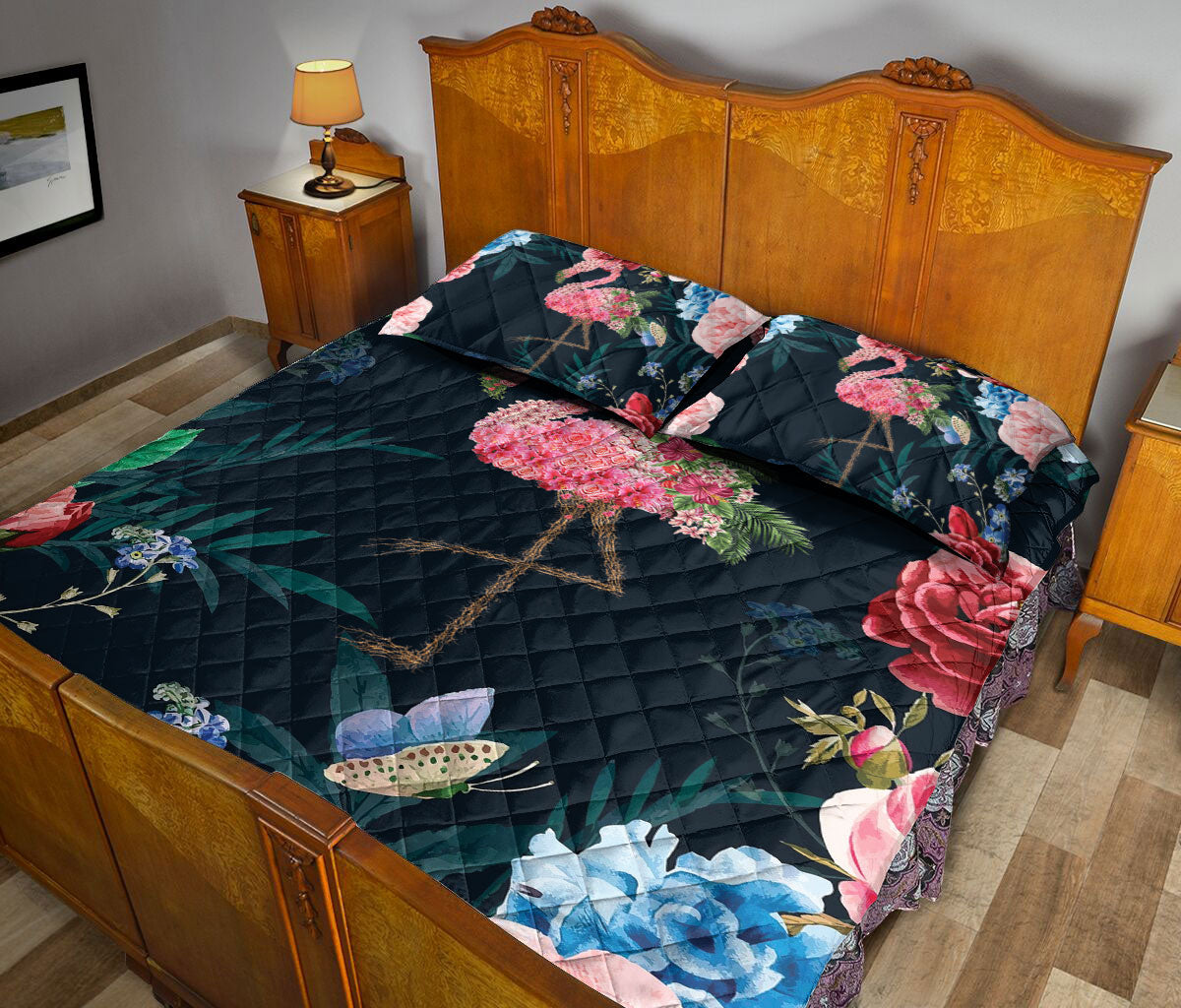 Flamingo Quilt Set, Flamingo Find My Soul Flower Garden Floral Quilt Blanket With Pillowcases, Quilt Bedding Set