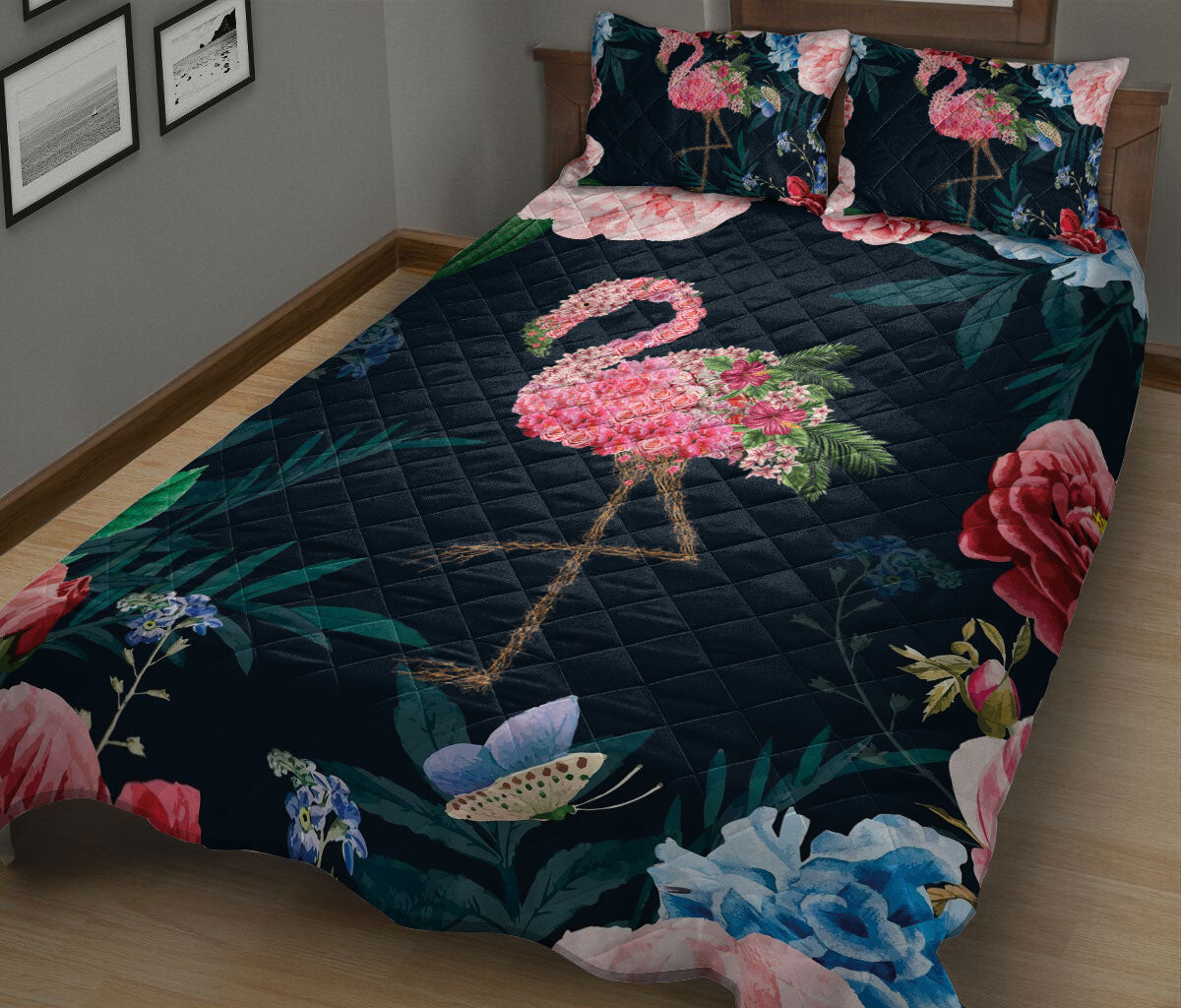 Flamingo Quilt Set, Flamingo Find My Soul Flower Garden Floral Quilt Blanket With Pillowcases, Quilt Bedding Set