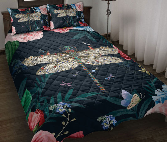 Dragonfly Quilt Set, Dragonfly Find My Soul Flower Garden Floral Quilt Blanket With Pillowcases, Quilt Bedding Set
