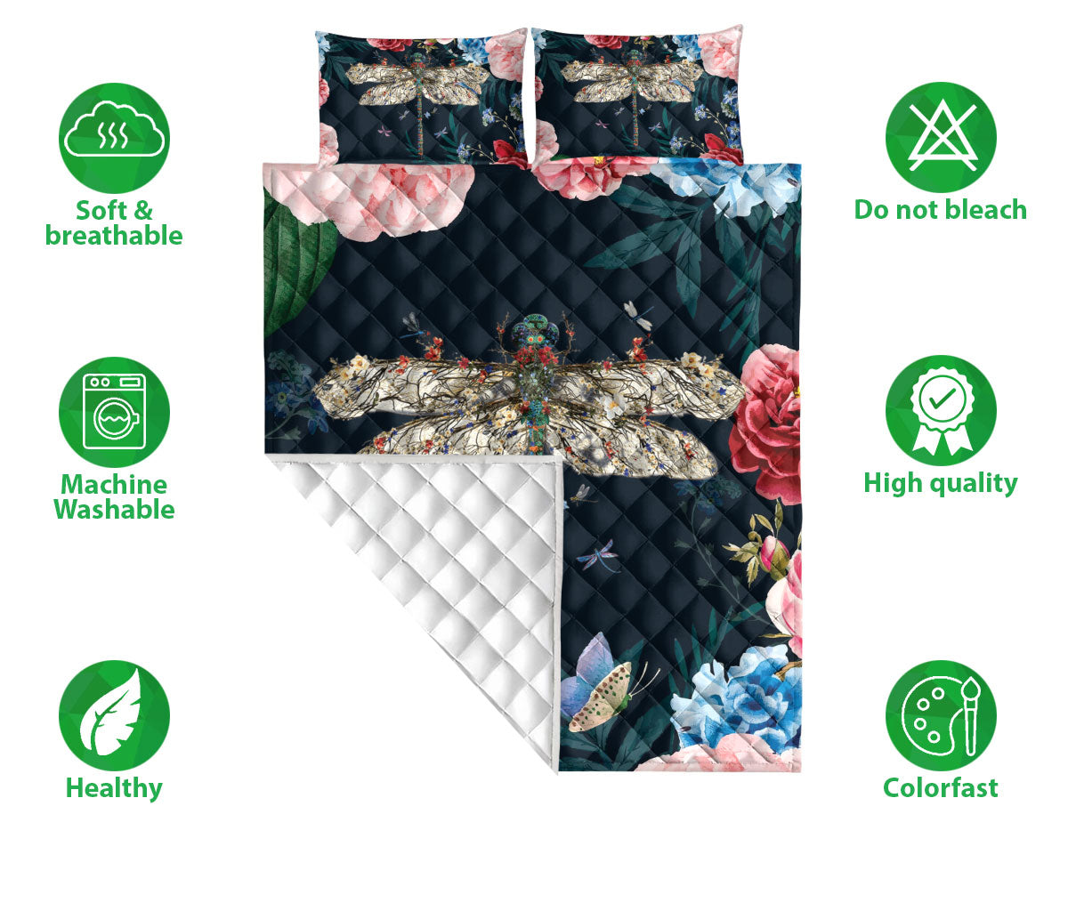 Dragonfly Quilt Set, Dragonfly Find My Soul Flower Garden Floral Quilt Blanket With Pillowcases, Quilt Bedding Set