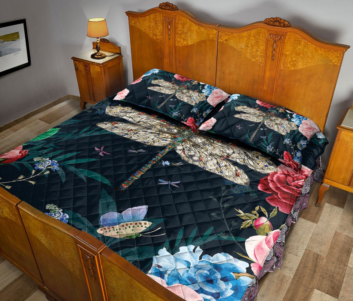 Dragonfly Quilt Set, Dragonfly Find My Soul Flower Garden Floral Quilt Blanket With Pillowcases, Quilt Bedding Set