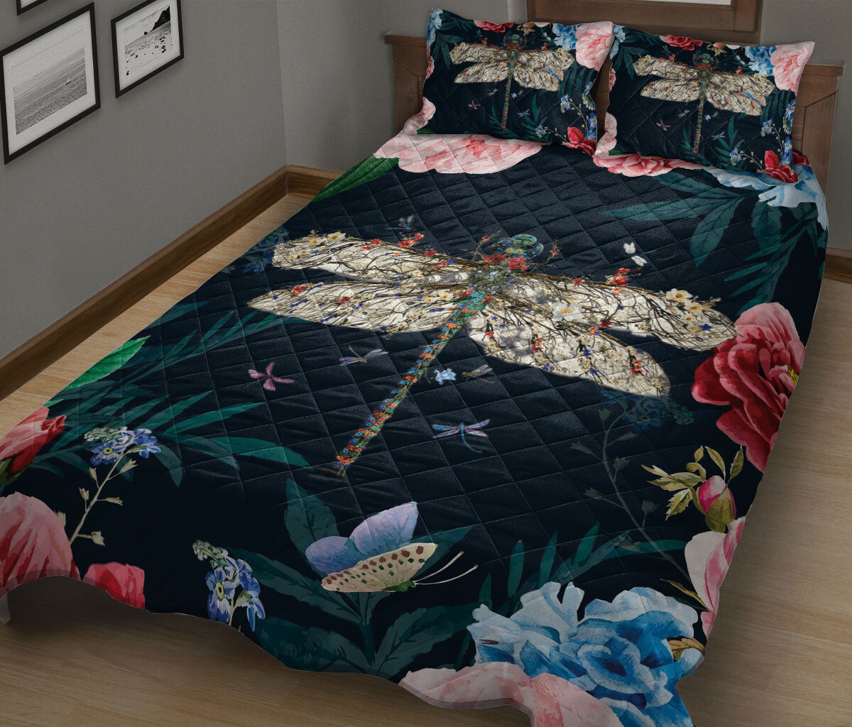 Dragonfly Quilt Set, Dragonfly Find My Soul Flower Garden Floral Quilt Blanket With Pillowcases, Quilt Bedding Set