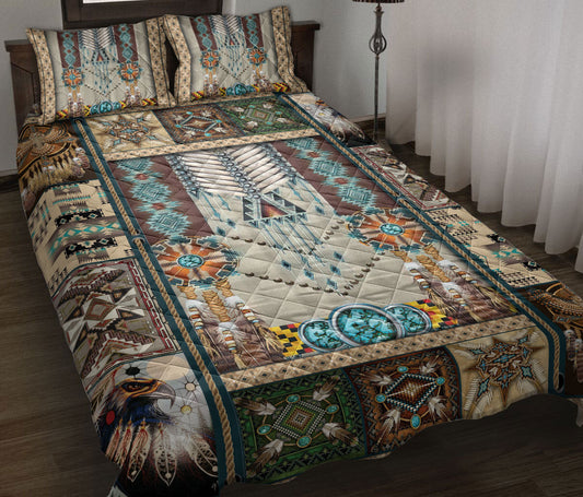 Personalized Native American Quilt Set, Turquoise Dragonfly I Love You To The Moon And Back Quilt Blanket With Pillowcases, Quilt Bedding Set