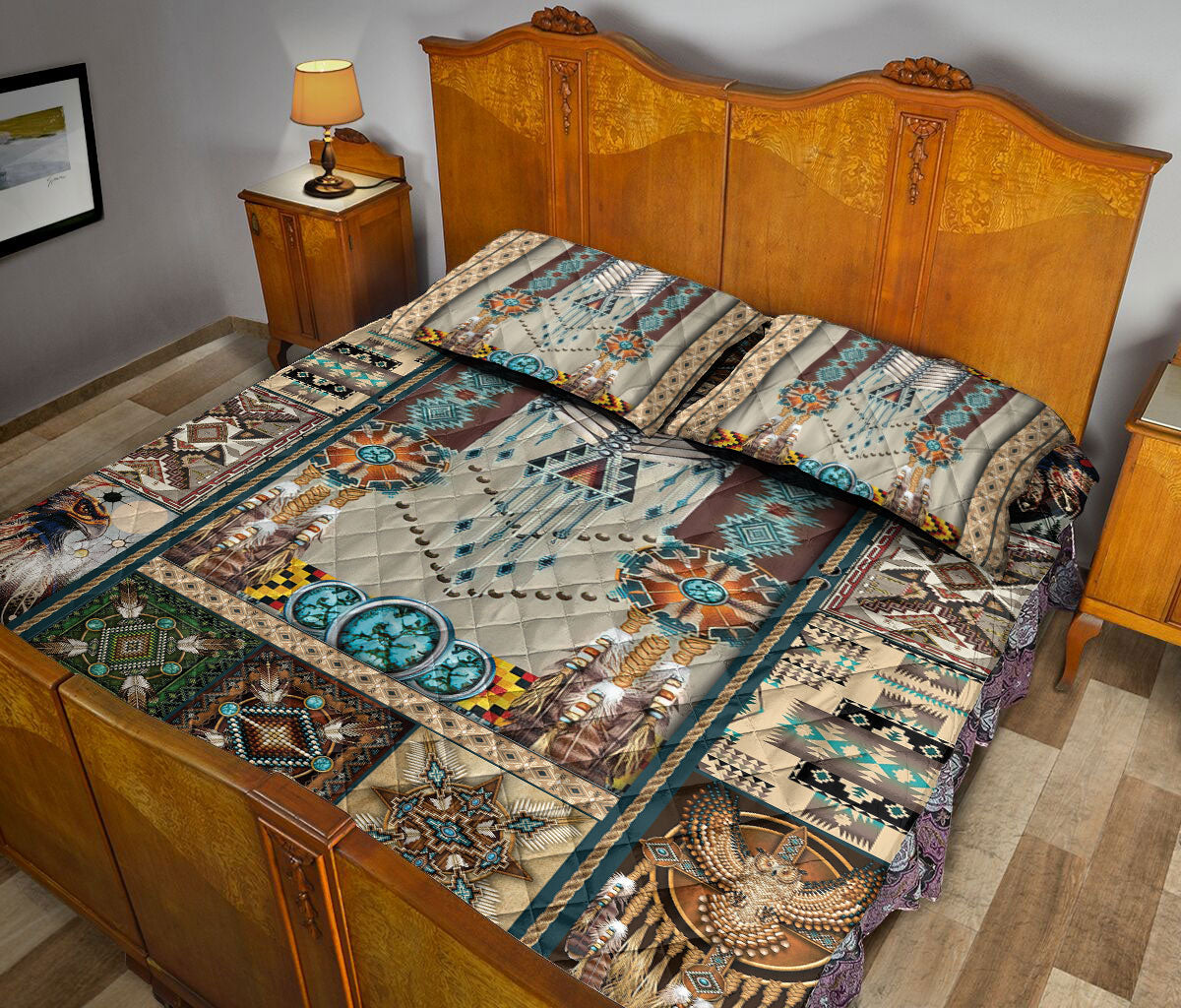 Personalized Native American Quilt Set, Turquoise Dragonfly I Love You To The Moon And Back Quilt Blanket With Pillowcases, Quilt Bedding Set