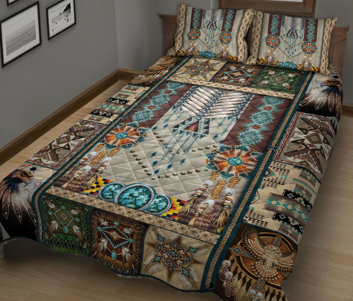 Personalized Native American Quilt Set, Turquoise Dragonfly I Love You To The Moon And Back Quilt Blanket With Pillowcases, Quilt Bedding Set