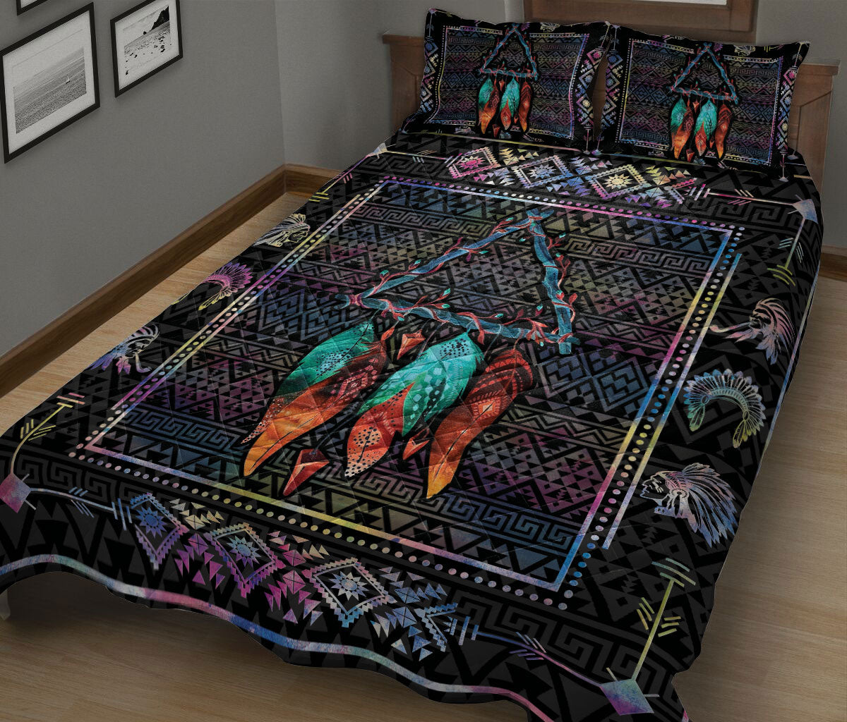 Native American Quilt Set, Turquoise Dragonfly I Love You To The Moon And Back Dragonfly Quilt Blanket With Pillowcases, Quilt Bedding Set