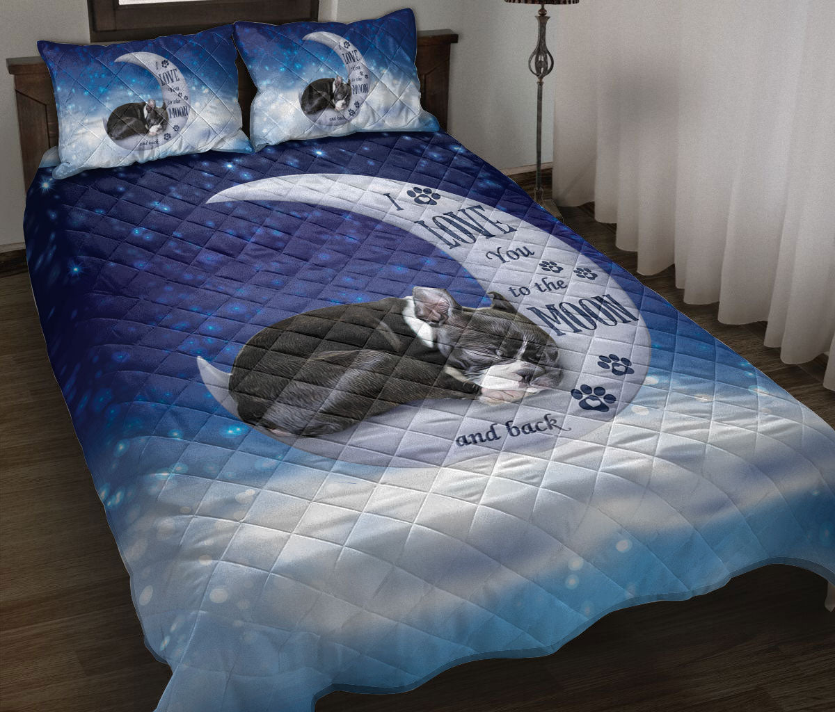 Boston Terrier Quilt Set, Boston Terrier Dog I Love You To The Moon And Back Dog Puppy Quilt Blanket With Pillowcases, Quilt Bedding Set