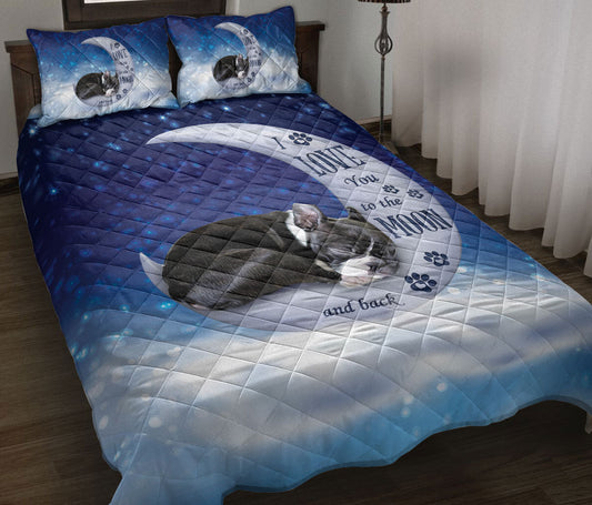Boston Terrier Quilt Set, Boston Terrier Dog I Love You To The Moon And Back Dog Puppy Quilt Blanket With Pillowcases, Quilt Bedding Set