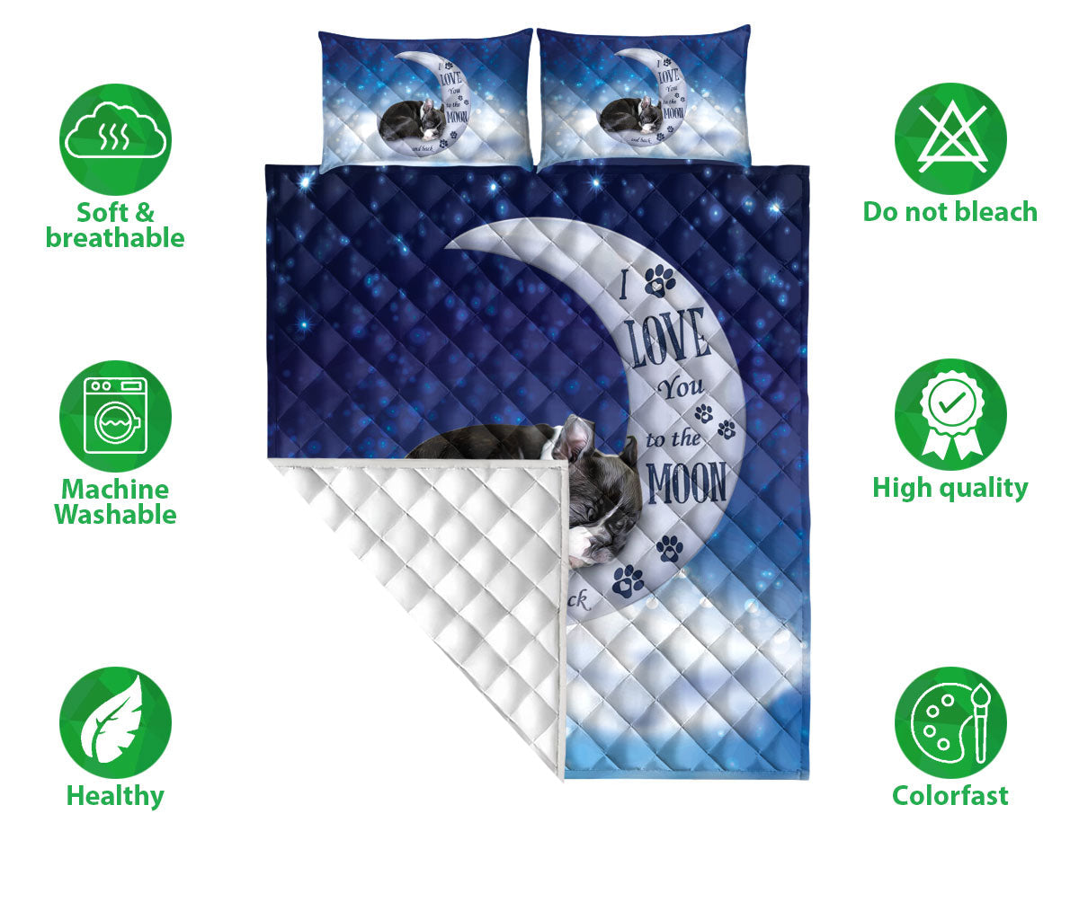 Boston Terrier Quilt Set, Boston Terrier Dog I Love You To The Moon And Back Dog Puppy Quilt Blanket With Pillowcases, Quilt Bedding Set