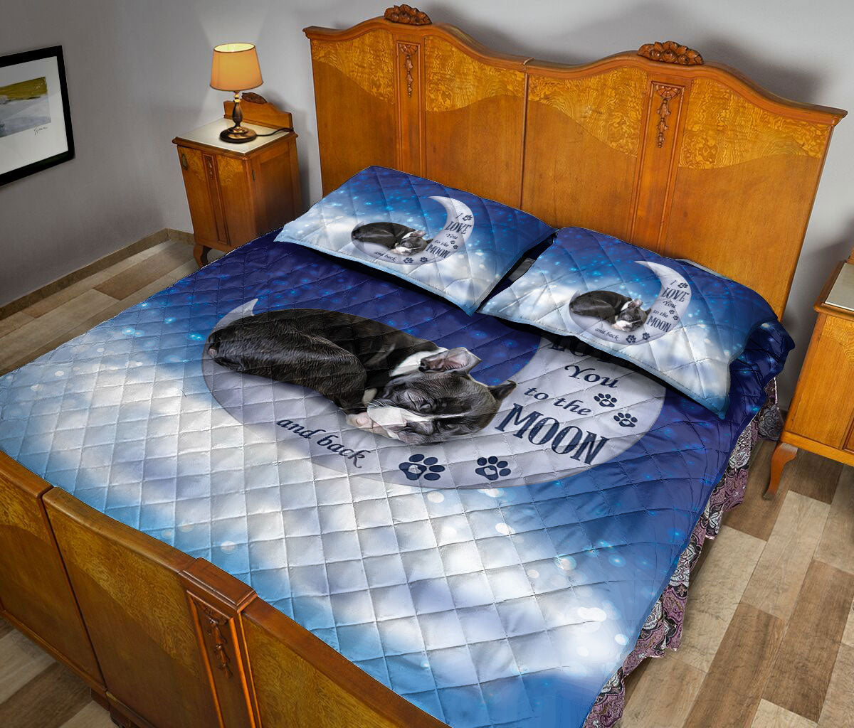 Boston Terrier Quilt Set, Boston Terrier Dog I Love You To The Moon And Back Dog Puppy Quilt Blanket With Pillowcases, Quilt Bedding Set