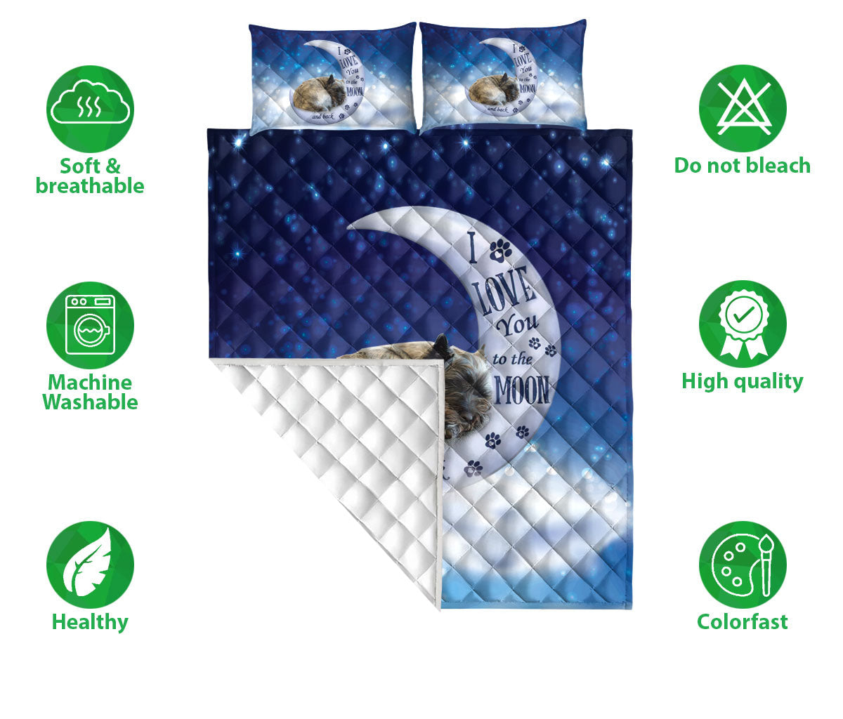 Cairn Terrier Quilt Set, Cairn Terrier Dog I Love You To The Moon And Back Dog Puppy Quilt Blanket With Pillowcases, Quilt Bedding Set