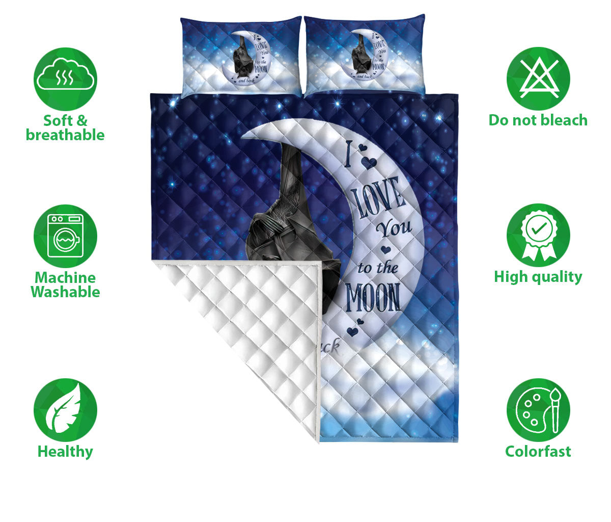 Bat Quilt Set, Sleeping Bat I Love You To The Moon And Back Quilt Blanket With Pillowcases, Quilt Bedding Set