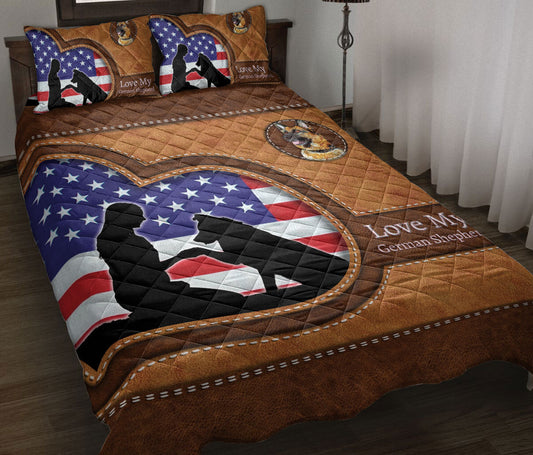 German Shepherd Quilt Set, Love My German Shepherd Dog Dog Owner Heart Quilt Blanket With Pillowcases, Quilt Bedding Set