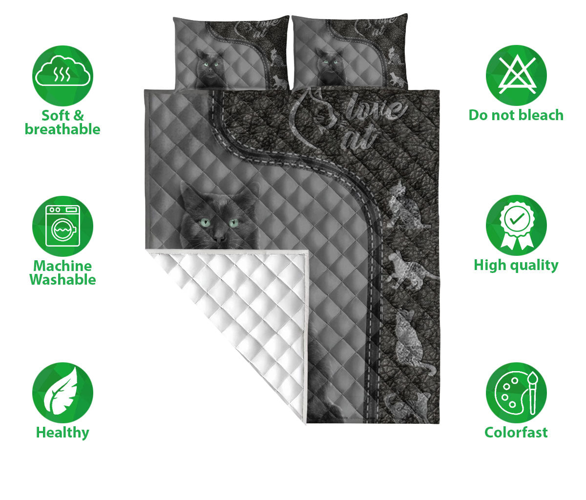 Black Cat,Cat Quilt Set, Love Black Cat Fur Black Cats Quilt Blanket With Pillowcases, Quilt Bedding Set