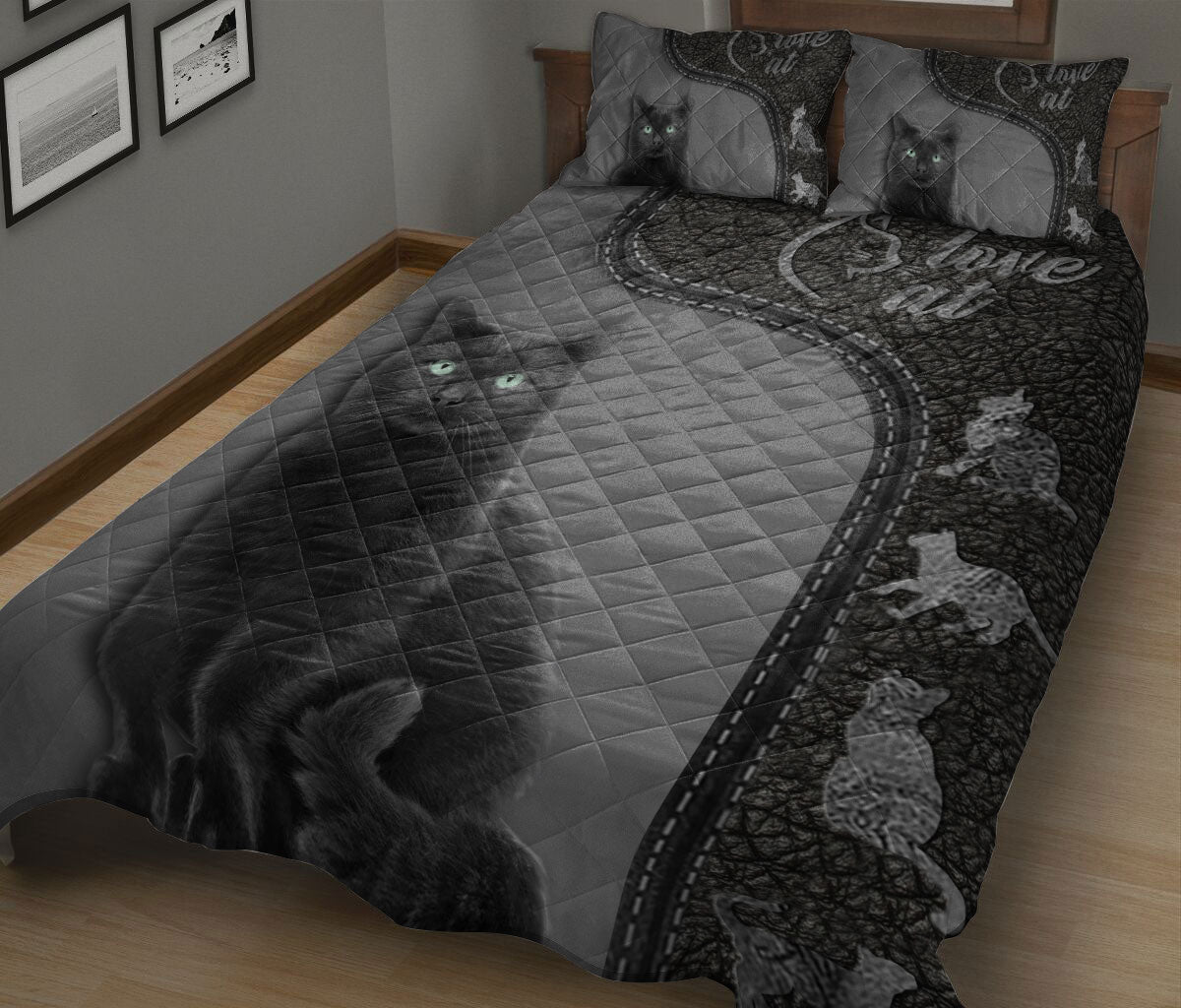 Black Cat,Cat Quilt Set, Love Black Cat Fur Black Cats Quilt Blanket With Pillowcases, Quilt Bedding Set