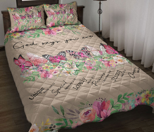 Breast Cancer Quilt Set, Breast Cancer God Says You Are Butterly Pink Floral Get Well Soon Quilt Blanket With Pillowcases, Quilt Bedding Set