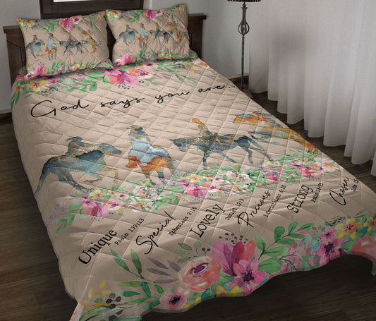 Cowgirl Quilt Set, Cow Girl Horse God Says You Are Floral Quilt Blanket With Pillowcases, Quilt Bedding Set