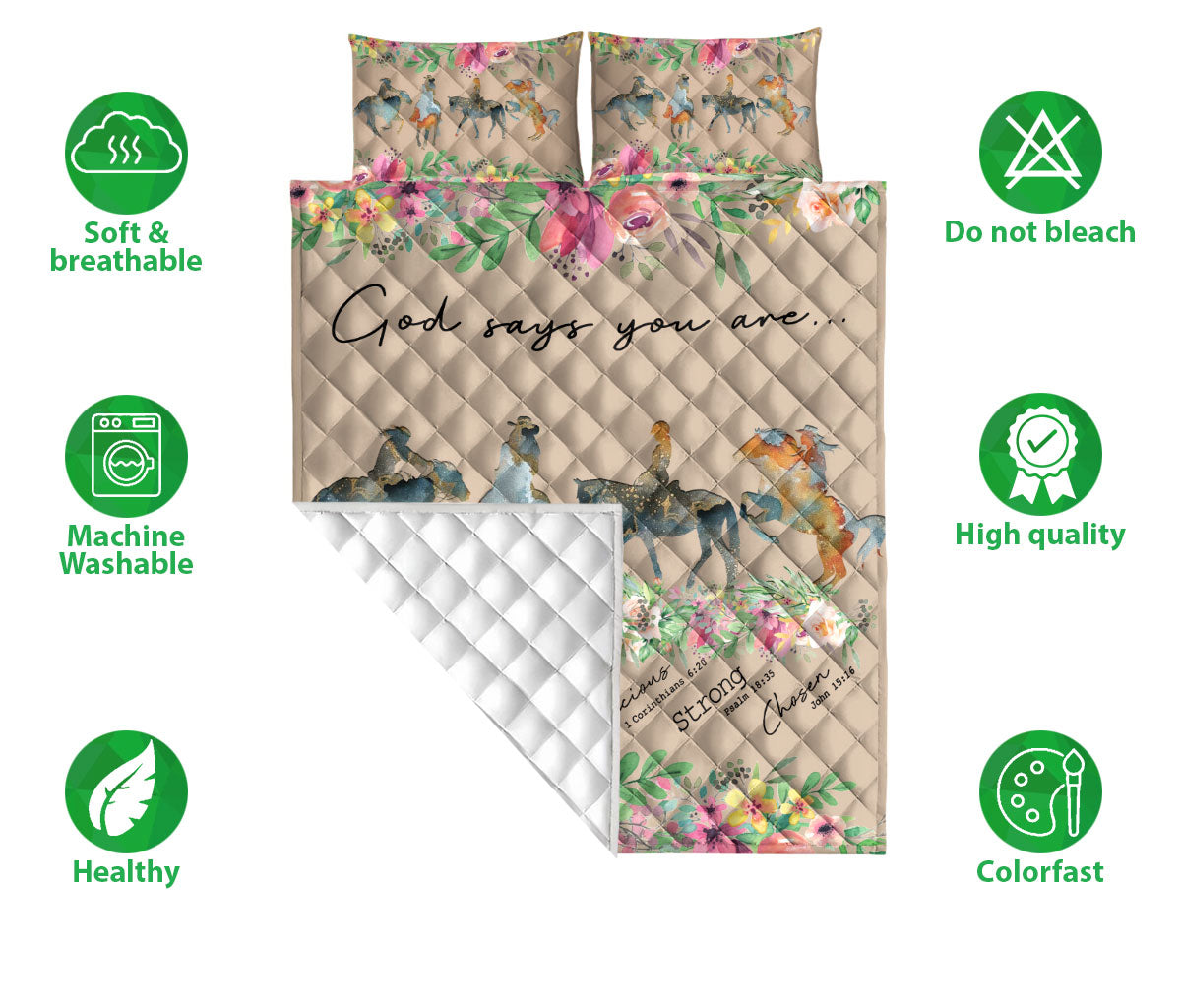 Cowgirl Quilt Set, Cow Girl Horse God Says You Are Floral Quilt Blanket With Pillowcases, Quilt Bedding Set