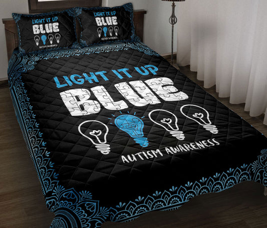 Autism Quilt Set, Autism Awareness Asd Light It Up Blue Support Quilt Blanket With Pillowcases, Quilt Bedding Set