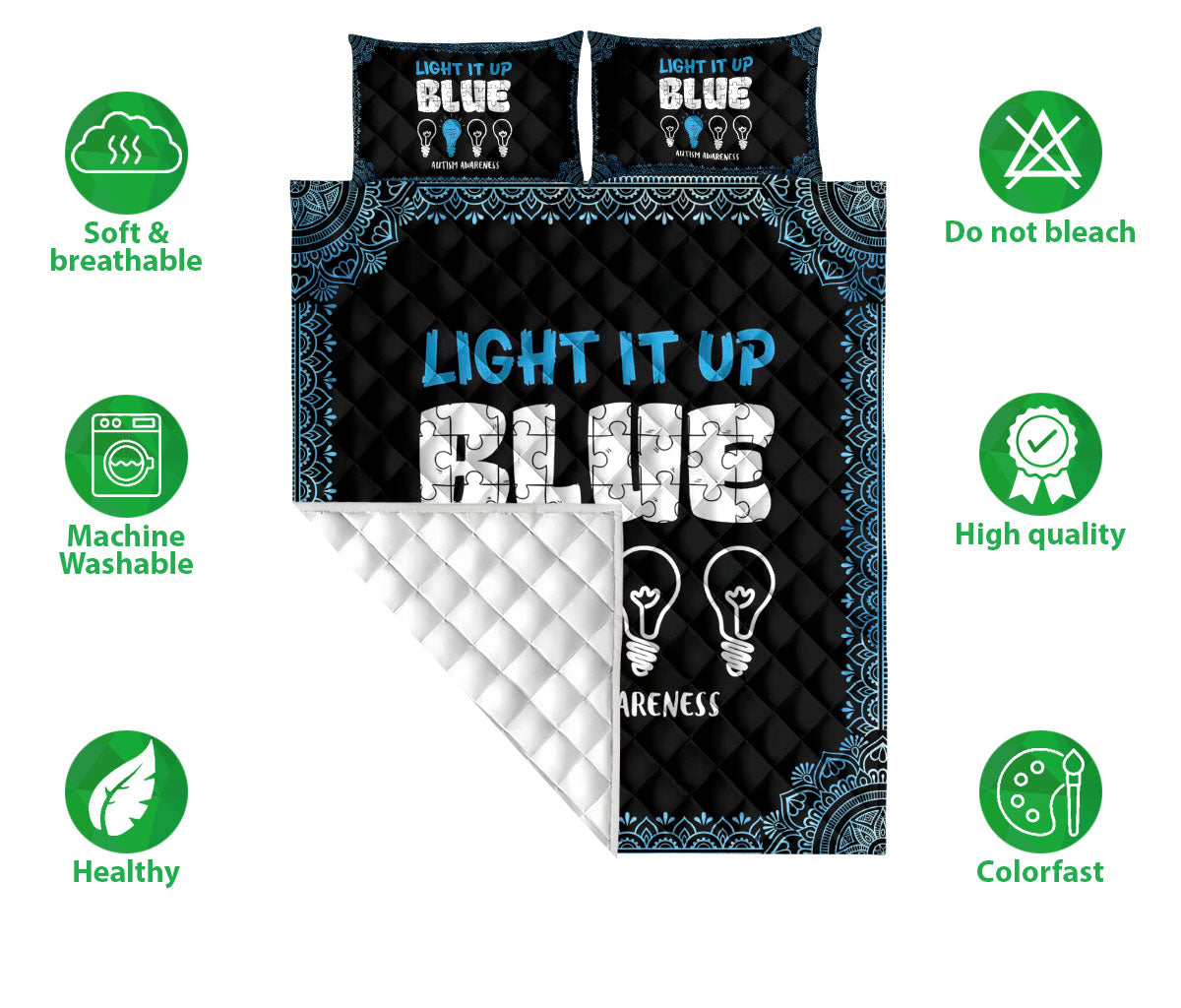 Autism Quilt Set, Autism Awareness Asd Light It Up Blue Support Quilt Blanket With Pillowcases, Quilt Bedding Set