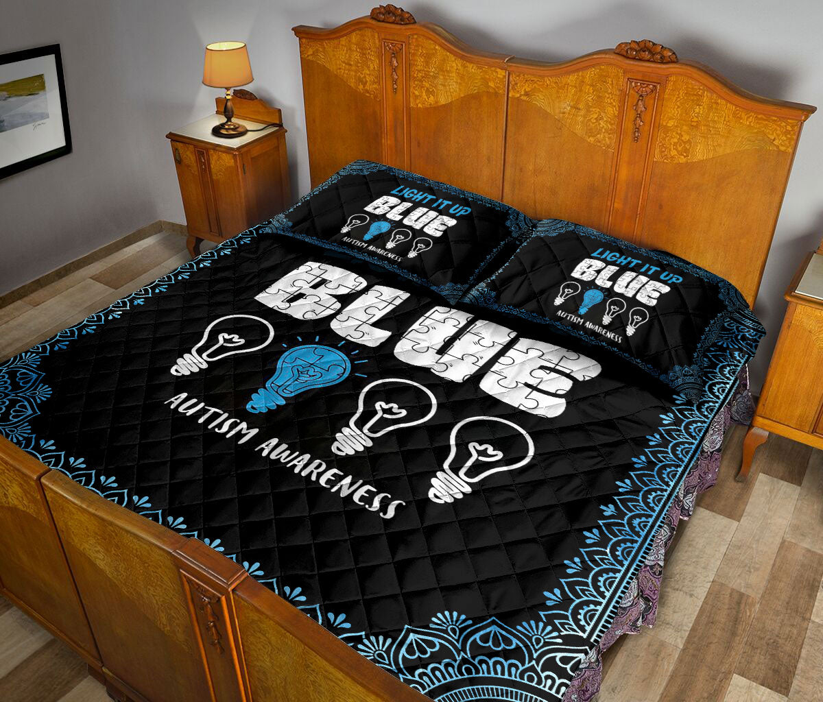 Autism Quilt Set, Autism Awareness Asd Light It Up Blue Support Quilt Blanket With Pillowcases, Quilt Bedding Set